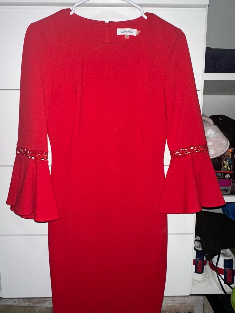 Calvin Klein Red Bell-Sleeve Sheath Dress with Lattice Trim